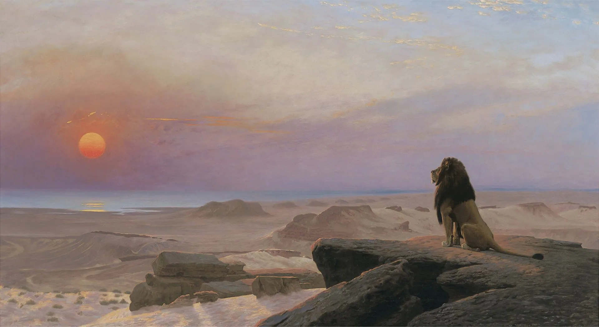 lion face à au soleil couchant, peinture de Gérôme