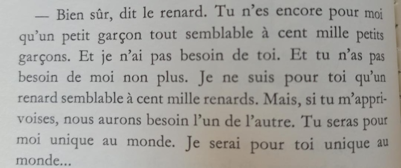 Bien sûr, dit le renard. Tu n'es encore pour moi qu'un petit garçon tout semblable à cent mille petits garçons. Et je n'ai pas besoin de toi. Et tu n'as pas besoin de moi non plus. Je ne suis pour toi qu'un renard semblable à cent mille renards. Mais, si tu m'apprivoises, nous aurons besoin l'un de l'autre. Tu seras pour moi unique au monde. Je serai pour toi unique au monde...