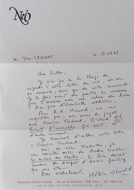 Nouvelles Éditions Oswald NEO lettre d'Hélène Oswald