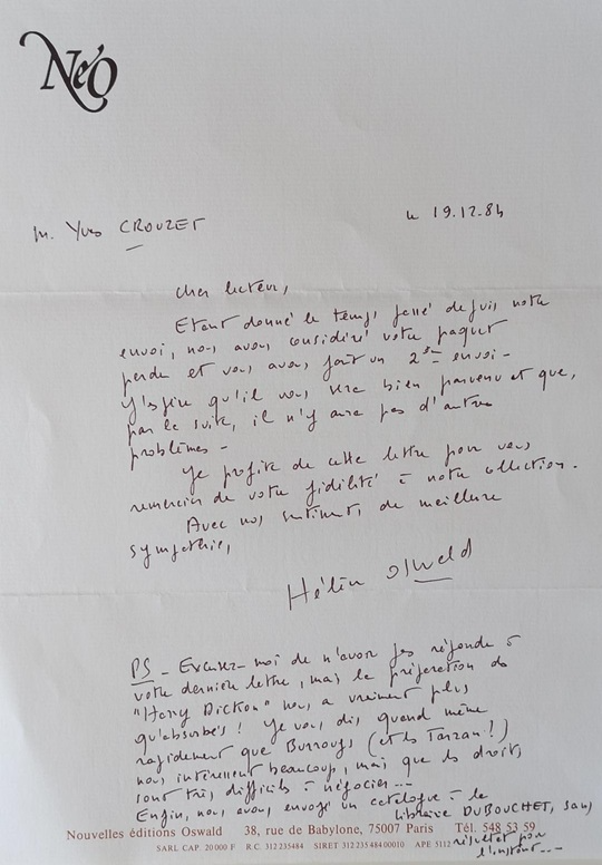 Nouvelles Éditions Oswald NEO lettre d'Hélène Oswald