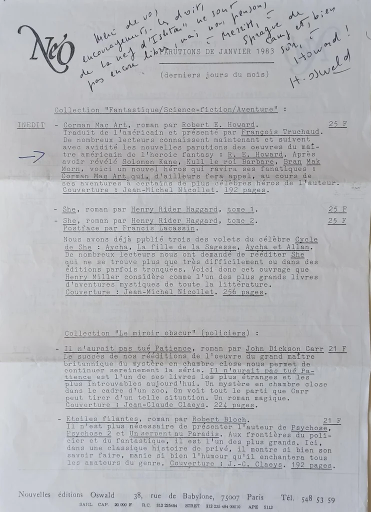 Nouvelles Éditions Oswald NEO lettre d'Hélène Oswald